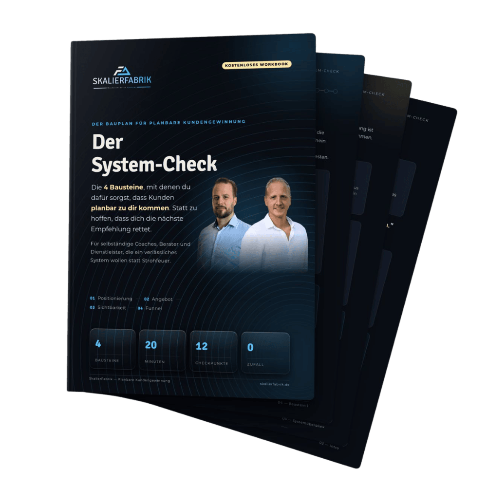 Workbook-Mockup: Der System-Check — die 4 Bausteine für planbare Kundengewinnung